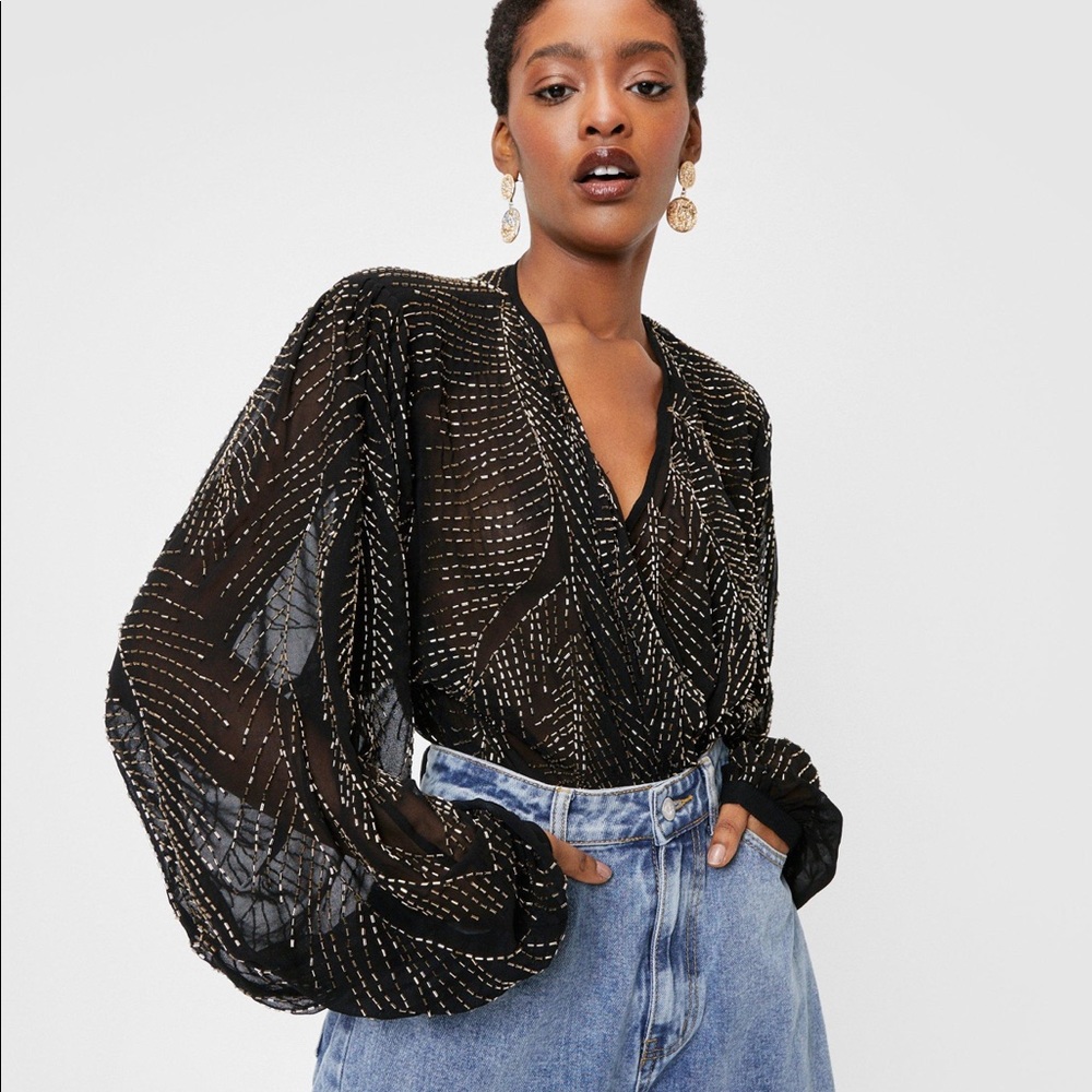 Beaded V Neck Batwing Sleeve Blouse